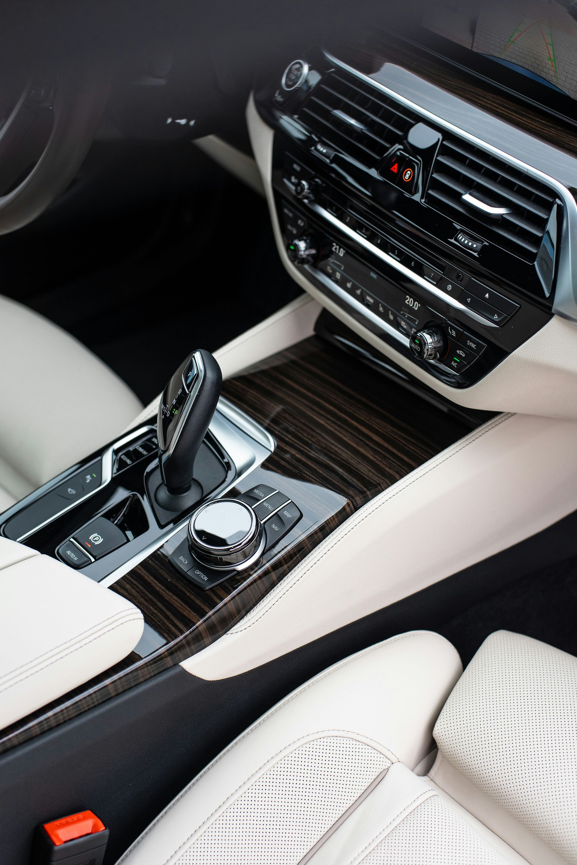 the interior of a car with a center console